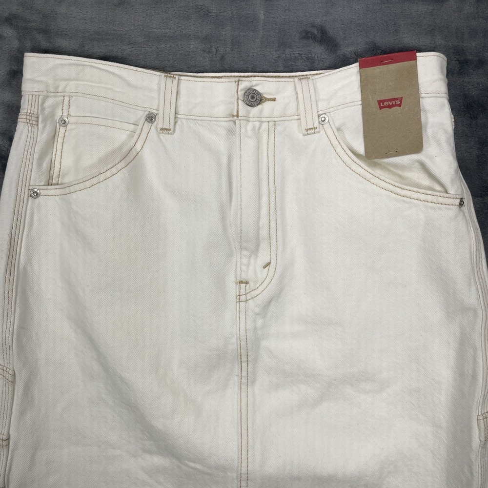 Levis Boyfriend Deconstructed Mini Jean Skirt Women Sz 30 White Denim Button Fly - Picture 2 of 8